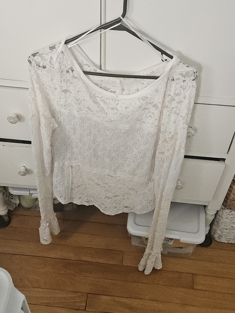 Free People White Lace Scoop-Neck Long Sleeve Top